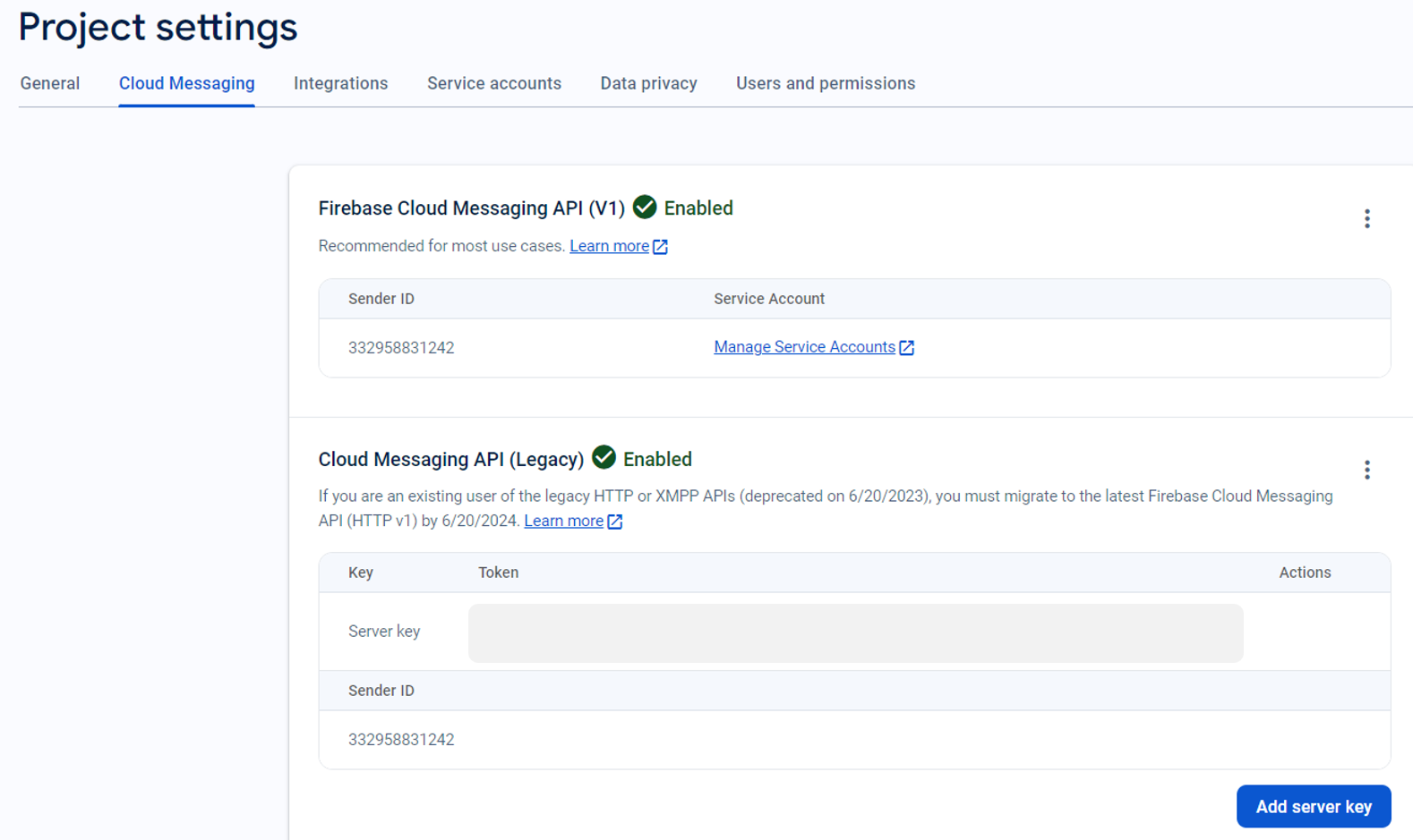 screenshot of firebase project settings